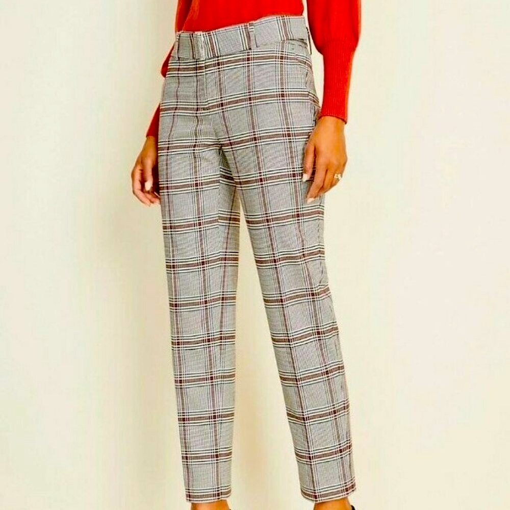 NWOT Ann Taylor red black white plaid belted work straight dress pants 0P
